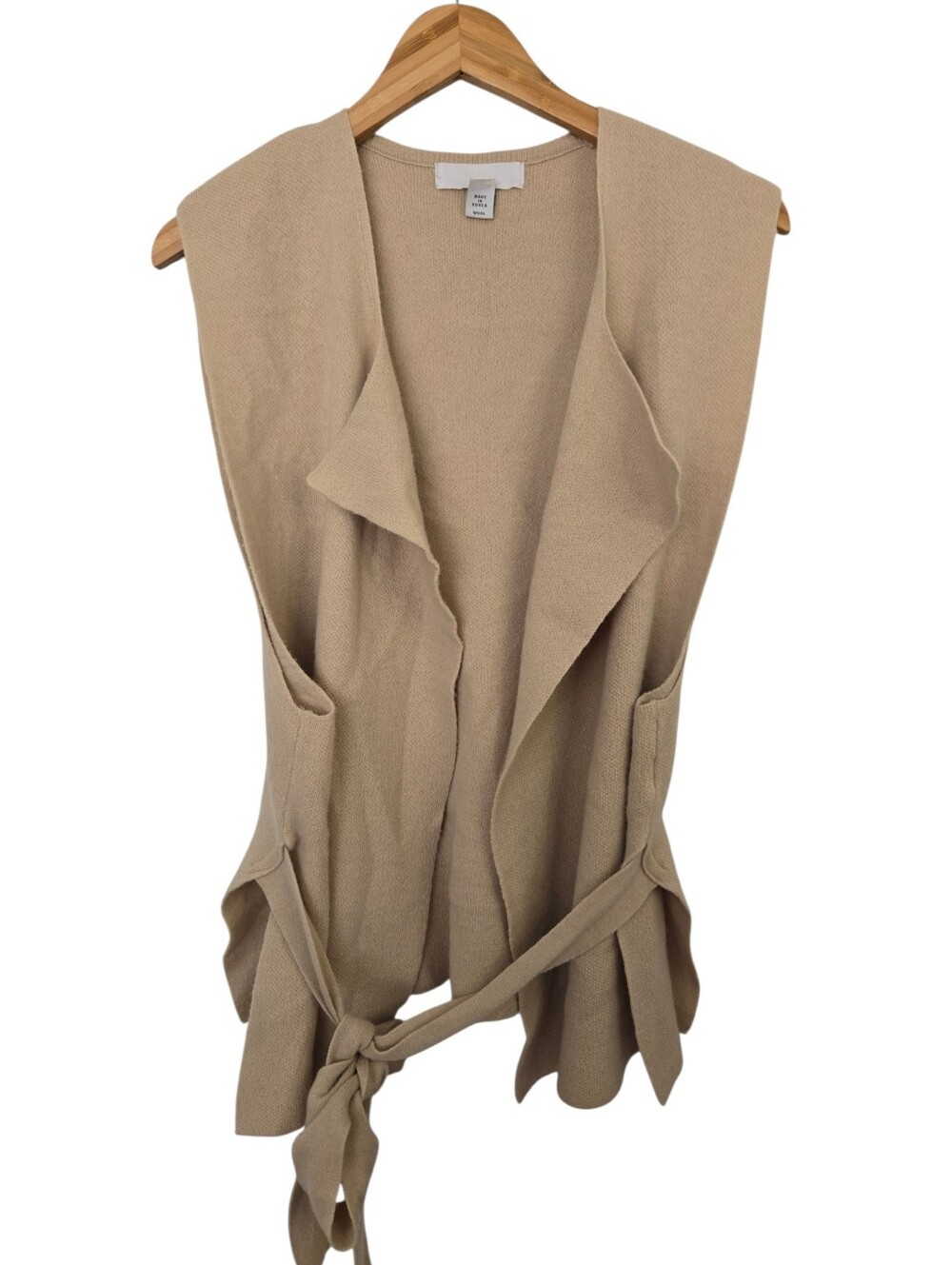 🤎 Fine Low Gauge 100% Wool Draped Belted Sweater Vest Cardigan Beige - Picture 2 of 5